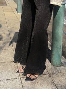 FRIFUL 女士休闲时尚街头日常通勤荷叶边喇叭裤夏季 - 黑色 - 查看 4
