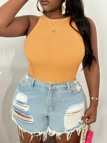 Slaydiva Plus Size Casual Basic Fitted White Round Neck Off-Shoulder Tank Top - Yellow - View 5