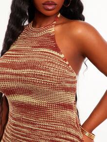 SHEIN SXY Brown Summer Boho Holiday Night Women's Multi-Colored High-Elastic Knit Halter Neck Backless Fitted Dress With Tassels,Short Bohemian Beach Outfits - Multicolor - View 9