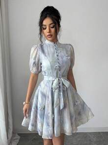 Modelyn Đầm ngắn tay ngắn thắt eo họa tiết hoa 3D nhuộm tie-dye lãng mạn, thanh lịch dành cho nữ, thích hợp cho kỳ nghỉ. - Nhiều màu - Xem 3