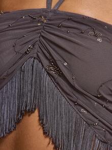 MUSERA Strappy Tie Ruched Beaded Embellished Fringed Hem Halterneck Top Coord Top Only Cute Summer Spring Going Out Occasion Embellished Elegant - Dark Grey - View 6
