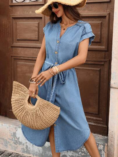 Breezaya Vestido de mezclilla para mujer con abertura alta