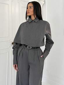 Shopreo 秋季勃艮第红葡萄酒适度老钱风骚闪光假日派对服装狂欢节郊游假期波西米亚风户外丰富层次婚礼季节宴会成人仪式 2 件女式高腰收腰中长西装外套，带斗篷袖灰色两件套现代女装单色服装两件套裤子女士灰色套装 - 灰色 - 查看 6