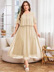 Modelyn Plus Size Women Solid Color Round Neck Fashionable Date Party Dress - Apricot - View 1