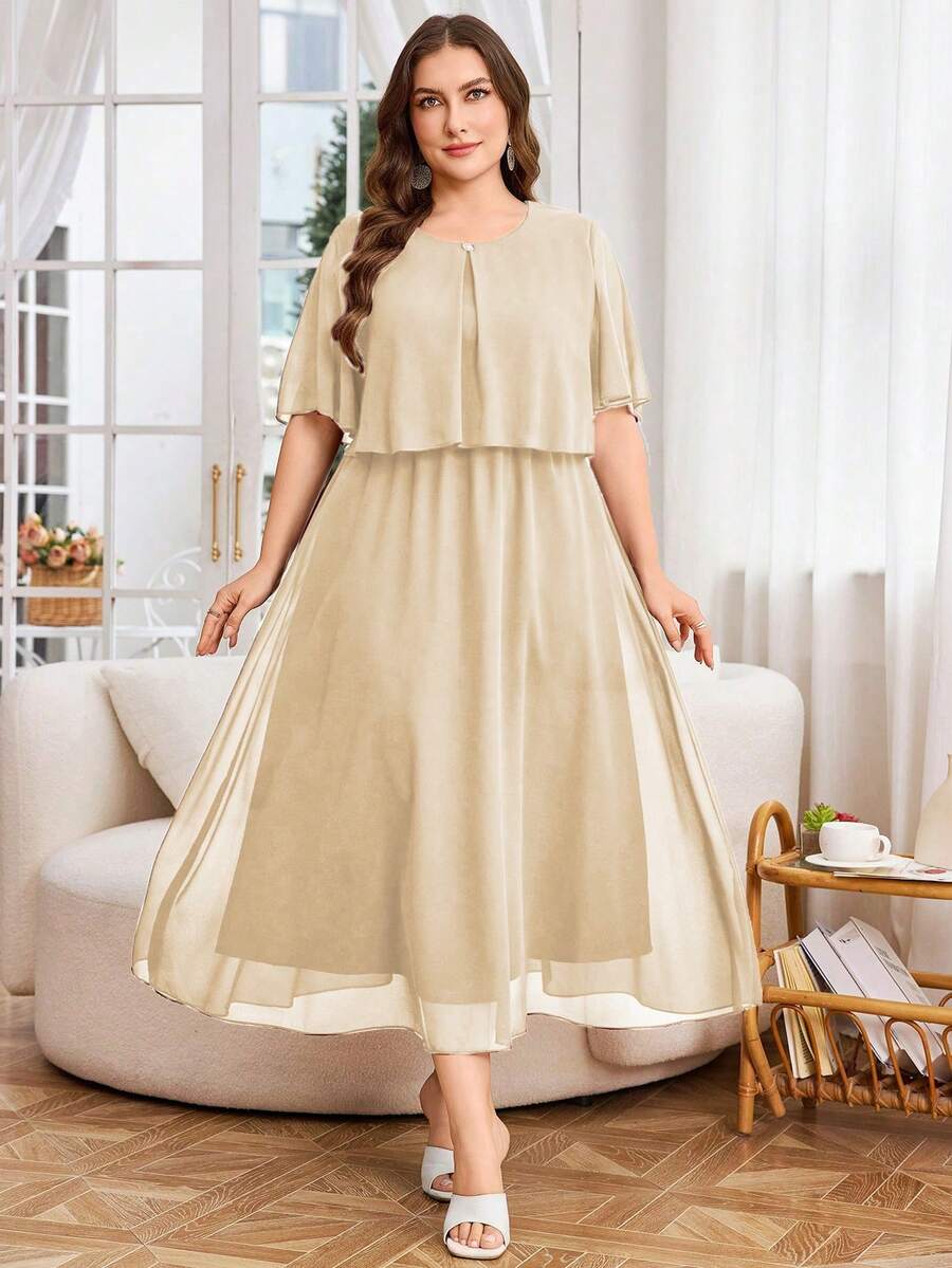 Modelyn Plus Size Women Solid Color Round Neck Fashionable Date Party Dress - Apricot - View 1
