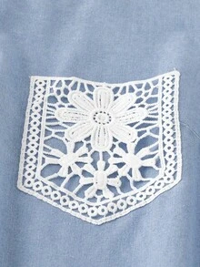 EMERY ROSE Mature Denim Water-Soluble Lace Pocket Patchwork Denim Dress, Wash Beach - Blue - View 3