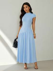 SHEIN PETITE Women's Summer Simple Solid Color Pleated A-Line Dress,Summer Dresses For Women - Baby Blue - View 5