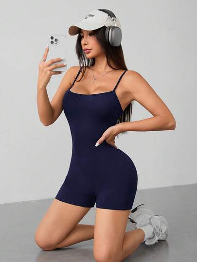 SHEIN PETITE Casual Simple Solid Color Suspender Jumpsuit Suitable For Summer Tight Women's Bodysuit