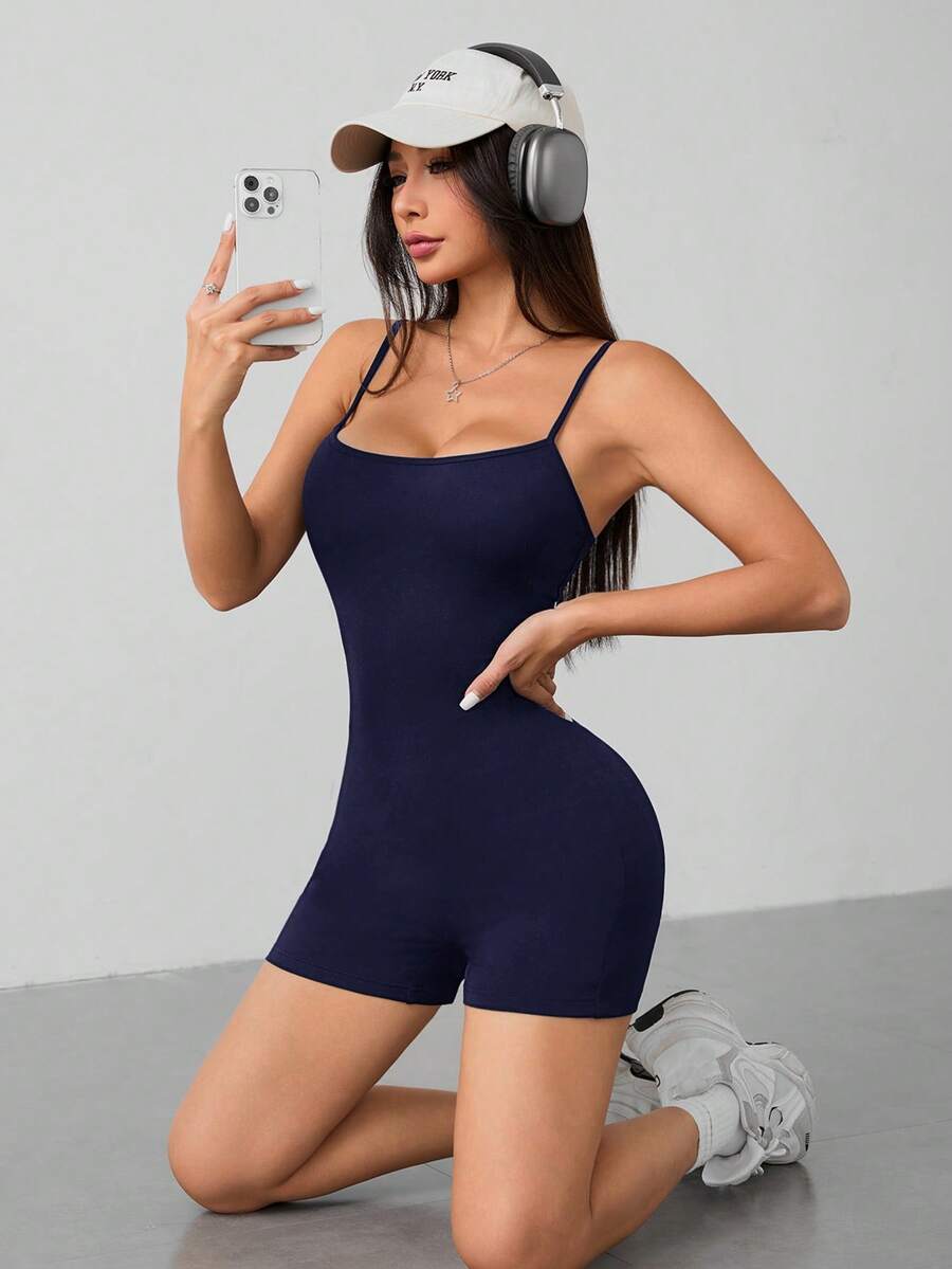 SHEIN PETITE 休閒簡約純色細肩帶連身褲,適合夏季,緊身女款,適合嬌小女性 - 藏蓝色 - 查看 1
