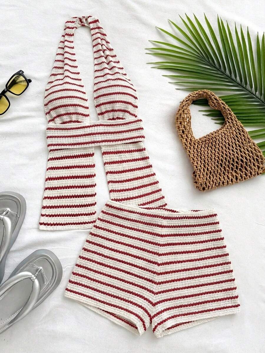 Soleia 女士度假沙滩条纹露背吊带上衣和短裤两件套 - 紅白色 - 查看 1