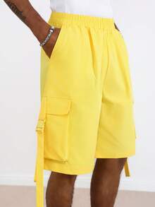 TOKVUE Men's Solid Color Elastic Waist Slant Pocket Casual Loose Shorts - Yellow - View 3