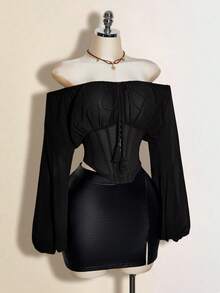 SHEIN ICON 女士棕色露肩长袖西式拼接腰部上衣，秋冬季 - 黑色 - 查看 5