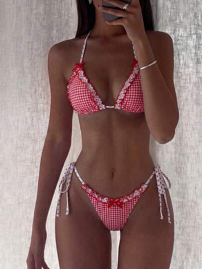 Swim Mod Bộ bikini 2 món họa tiết chấm bi ngẫu nhiên, trang trí nơ, kiểu áo tam giác buộc dây cổ và quần bikini buộc dây bên hông, gợi cảm, thích hợp cho kỳ nghỉ hè/xuân ở bãi biển.