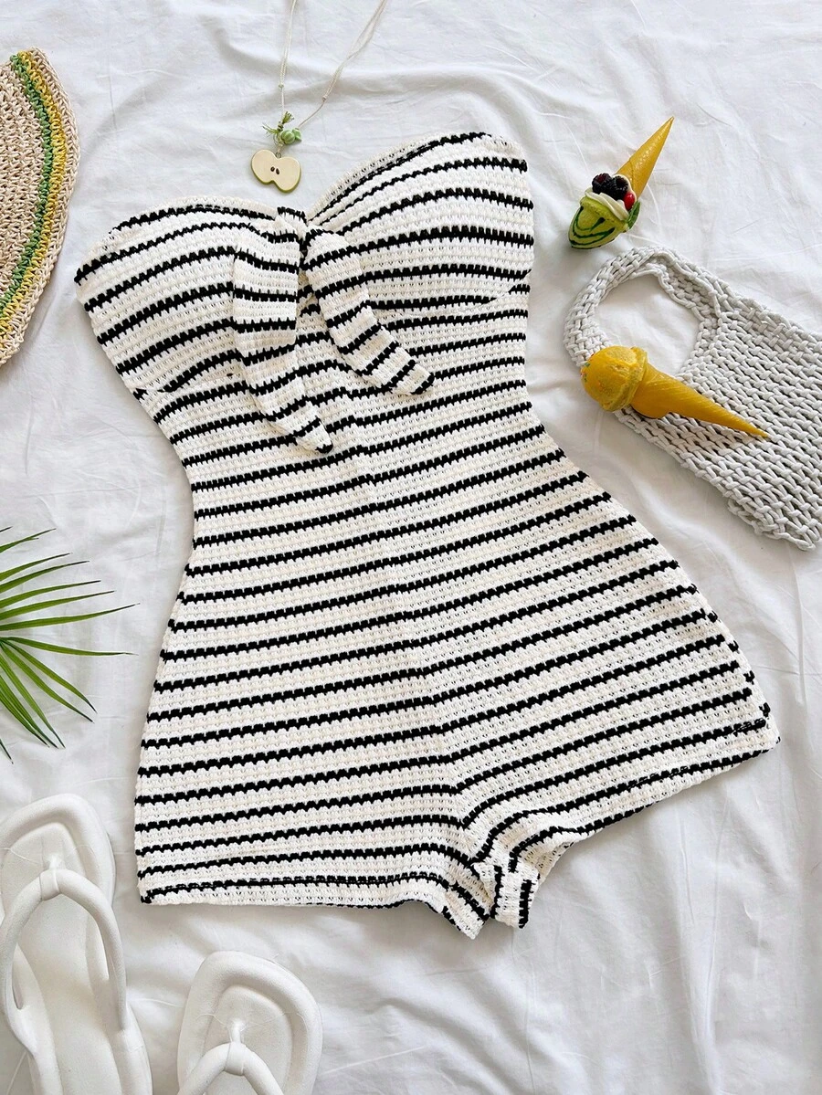 Soleia Bộ jumpsuit nữ mùa xuân/hè màu trắng dệt kim, thắt nơ phía trước, ôm dáng, thích hợp cho tiệc tùng, hẹn hò, ngày Valentine, gợi cảm và lãng mạn, lễ hội, du thuyền biển, tiệc trà chiều. - Nhiều màu - Xem 1