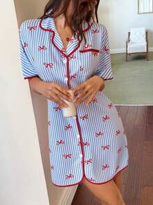 Napfluff 女士撞色滚边蝴蝶结条纹印花翻领宽松短袖睡裙 - 藍色 - 查看 5