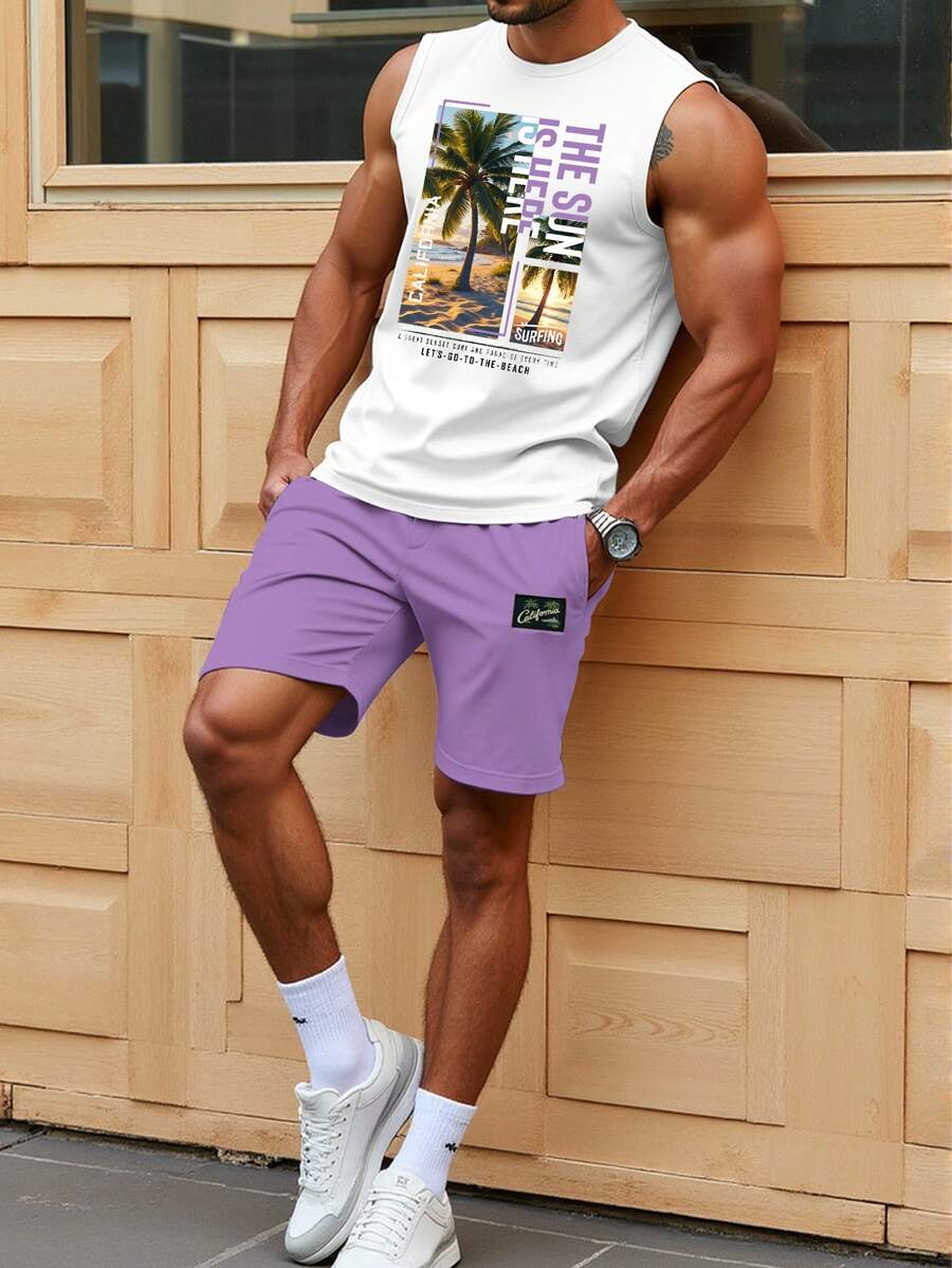 Manfinity RSRT Conjunto casual diario de camiseta de tirantes con cuello redondo y estampado de letras y palmeras, y pantalones cortos para hombre - Morado - Ver 1