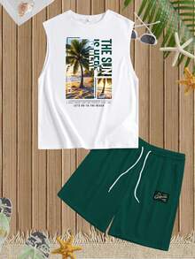 Manfinity RSRT Bộ áo ba lỗ và quần short in họa tiết nhiệt đới dành cho nam. - Màu xanh lá cây đậm - Xem 2