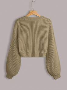 EURMUSE White Lantern Sleeve Button Front Rib Knit Cardigan - Camel - View 2