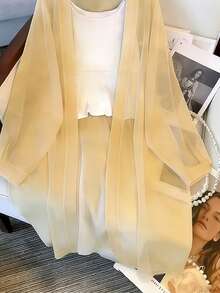 Resyla Áo khoác cardigan dáng suông bằng vải chiffon nhẹ, dài đến đầu gối, kiểu dáng mới dành cho nữ. - Màu be - Xem 3