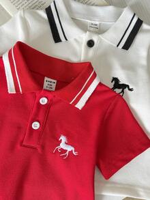 SHEIN Playful Pals 2 Pack Baby Boy Clothes,Toddler Little Kids Horse Embroidery Red And White Stripe Collar Polo Shirts,Summer Casual Page Boy Back-To-School Tops Set - Multicolor - View 4