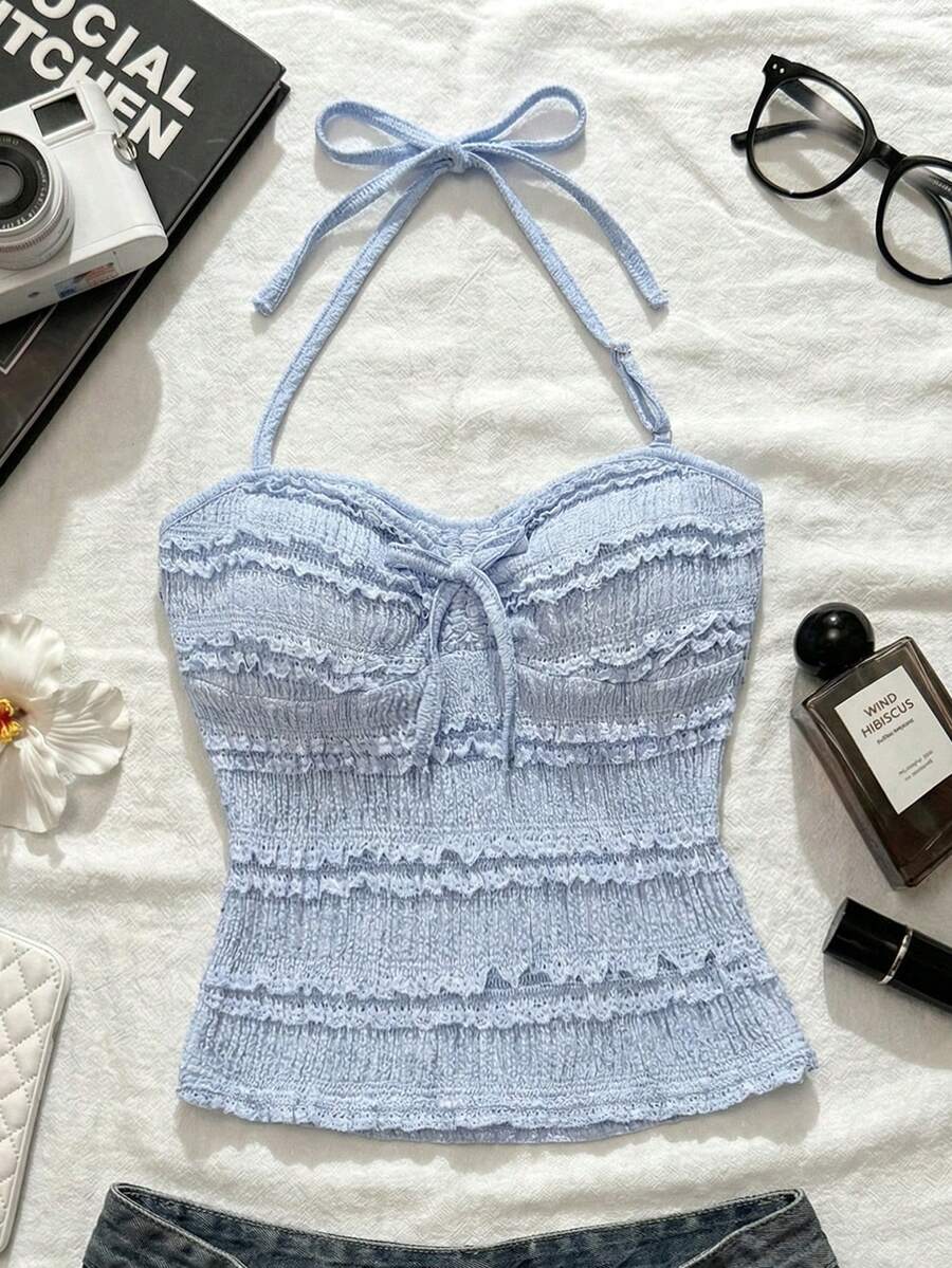 少女纯色提花打结露背休闲百搭日常上衣 - 藍色 - 查看 1