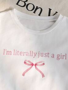 SHEIN 两件套女童蝴蝶结装饰短袖露脐上衣和条纹腰带休闲短裤套装，可爱花卉印花和蝴蝶结点缀，适合春夏穿着，休闲居家服，户外玩耍皆宜 - 白色 - 查看 5