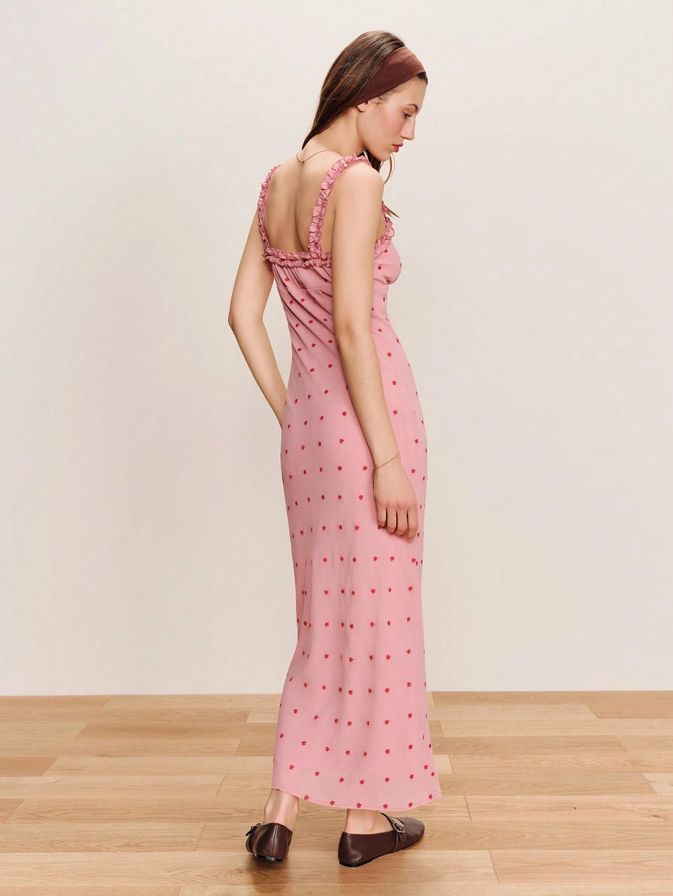 Pink Polka Dot Midi Dress With Ruffled Neckline And Straps Spring Summer French Style Parisian Style Pink Polkadot Evening Dress Date Night Dress Vacation Dress Holiday Dress
