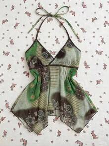 Elamini Áo kiểu nữ màu xanh lá cây phong cách Bohemian, vạt áo bất đối xứng, cổ yếm, thích hợp cho kỳ nghỉ, đi biển, du lịch, thư giãn và lễ hội. - Nhiều màu - Xem 5