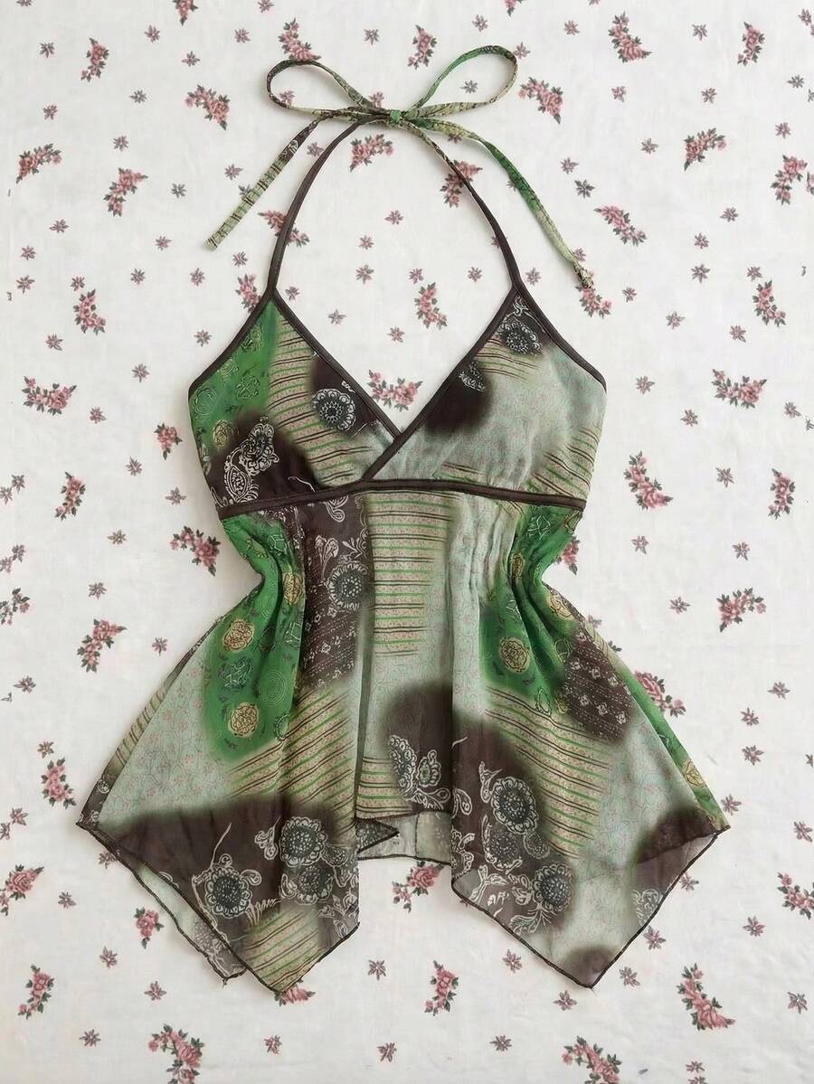 Elamini Áo kiểu nữ màu xanh lá cây phong cách Bohemian, vạt áo bất đối xứng, cổ yếm, thích hợp cho kỳ nghỉ, đi biển, du lịch, thư giãn và lễ hội. - Nhiều màu - Xem 1