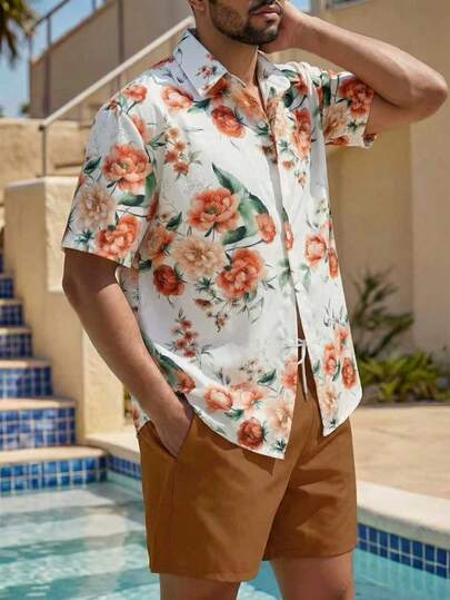 Manfinity Swimmode Men's Vacation Casual Printed Button-Up Shirt And Shorts Set