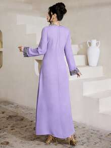 Al Najma Embroidered Lace Patchwork Elegant Modest Long Sleeve Arabic Style Dress - Purple - View 6