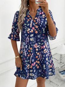 SHEIN Clasi Đầm ngắn dáng chữ A tay bồng xòe cổ chữ V màu xanh hải quân dành cho nữ, thích hợp mặc hàng ngày hoặc đi nghỉ mát, họa tiết hoa nhí, chất liệu nhẹ, thích hợp cho mùa hè. - Nhiều màu - Xem 5