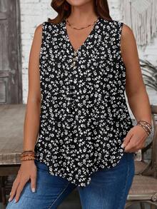 EMERY ROSE Áo không tay cổ chữ V cỡ lớn, họa tiết hoa nhỏ li ti tối giản màu đen trắng, thích hợp cho mùa hè. - Nhiều màu - Xem 4