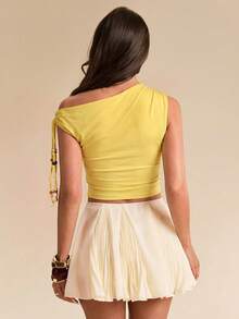 SHEIN BAE Blus Cokelat Model Hem Asimetris dengan Hiasan Manik-manik dan Rumbai, Pas Badan, Pakaian Liburan, Atasan Musim Panas - Kuning - View 2
