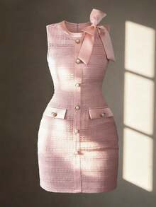 Elenzga 蝴蝶结针织面料金属珍珠纽扣优雅法式缎面前后弹力修身迷你连衣裙，春夏初秋 - 粉色 - 查看 3