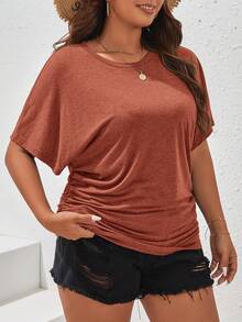SHEIN Frenchy Plus Size Solid Color Round Neck Short Sleeve Casual Loose Breathable Summer T-Shirt - Orange - View 4