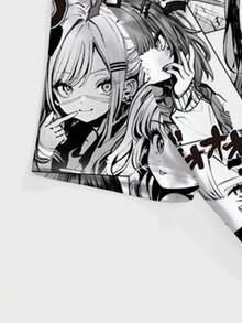 ROMWE Anime 动漫暗黑神秘朋克音乐节角色可爱不对称肩部性感图案女款T恤 - 黑色 - 查看 3