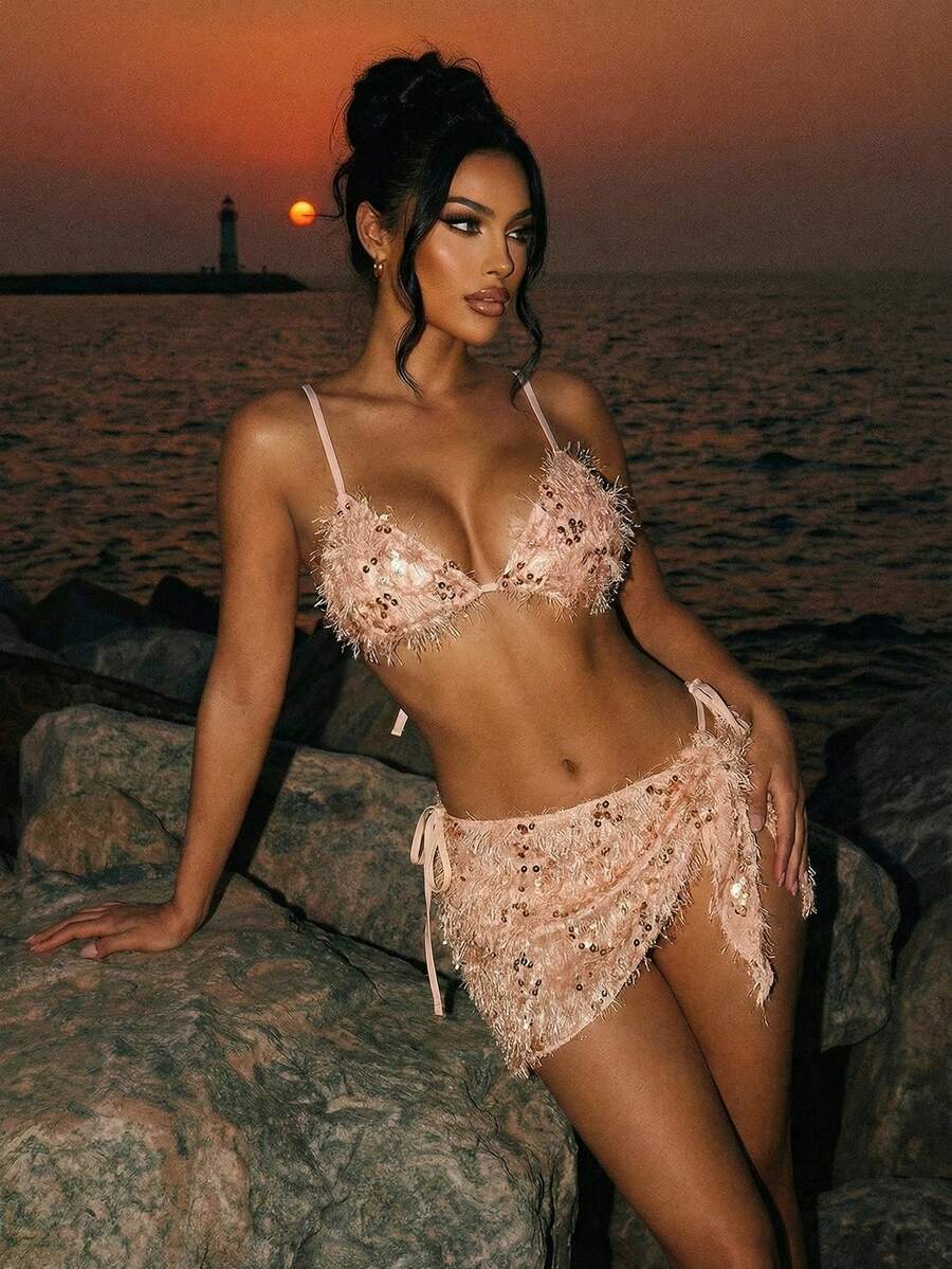 Swim SXY Sequin Women's Bikini Swimwear, Sexy Swimwear With Detachable Skirt For Beach Vacation, Spring/Summer - Apricot - View 1