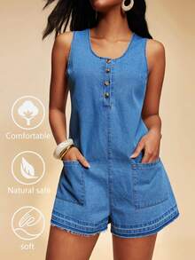 Travachic Mono vaquero casual sin mangas con cuello redondo, botones, media cartera y bolsillos dobles para mujer - Azul lavado medio - Ver 1