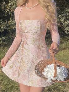 SHEIN PETITE Women's Elegant Sexy Pastal And Floral Jacquard Mini Dress,Autumn Lace Long Sleeve Square Neck Waist Cinching Party Golf Dress,Holiday Bridal Outfits - Pink - View 7