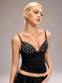 Y2Kool BiGraphic Áo camisole nữ kiểu punk tối màu, đính đinh tán, phối nhiều mảnh, phong cách Y2K. - màu đen - Xem 5