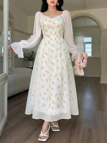 Feyla 女士郁金香印花优雅长袖中长连衣裙 - 彩色 - 查看 4