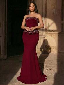 Aureia Plus Size Elegant Romantic Dark Red Open Shoulder Asymmetric Neckline Luxury Faux Pearl & Rhinestone Decor Mermaid Hem With Train Dress, Suitable For Wedding, Party, Celebration, Formal Event, Gala (Intricate Design) - Red - View 12