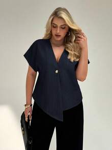 Auralis Chemise polyvalente pour le port quotidien, col V, grande taille pour femmes - Bleu marine - Voir 3