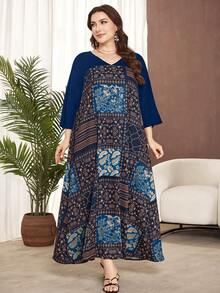 Lacomfia Plus Size Women's Spring/Autumn Floral Print Patchwork Loose 3/4 Sleeve Summer Vacation Modest Navy Blue Long Elegant Formal Dress - Navy Blue - View 4