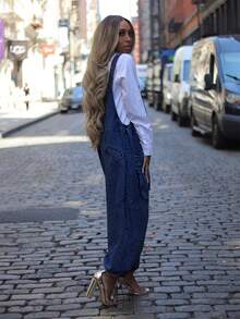 Slaydiva Women's Solid Color Minimalist Casual Denim Bib Pants And Jumpsuit - Dark Wash - View 9