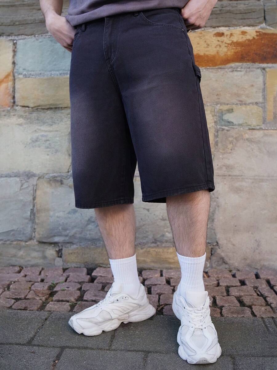 LEOGASHI Quần short denim Bermuda ống rộng thoải mái cho nam, phong cách Emo