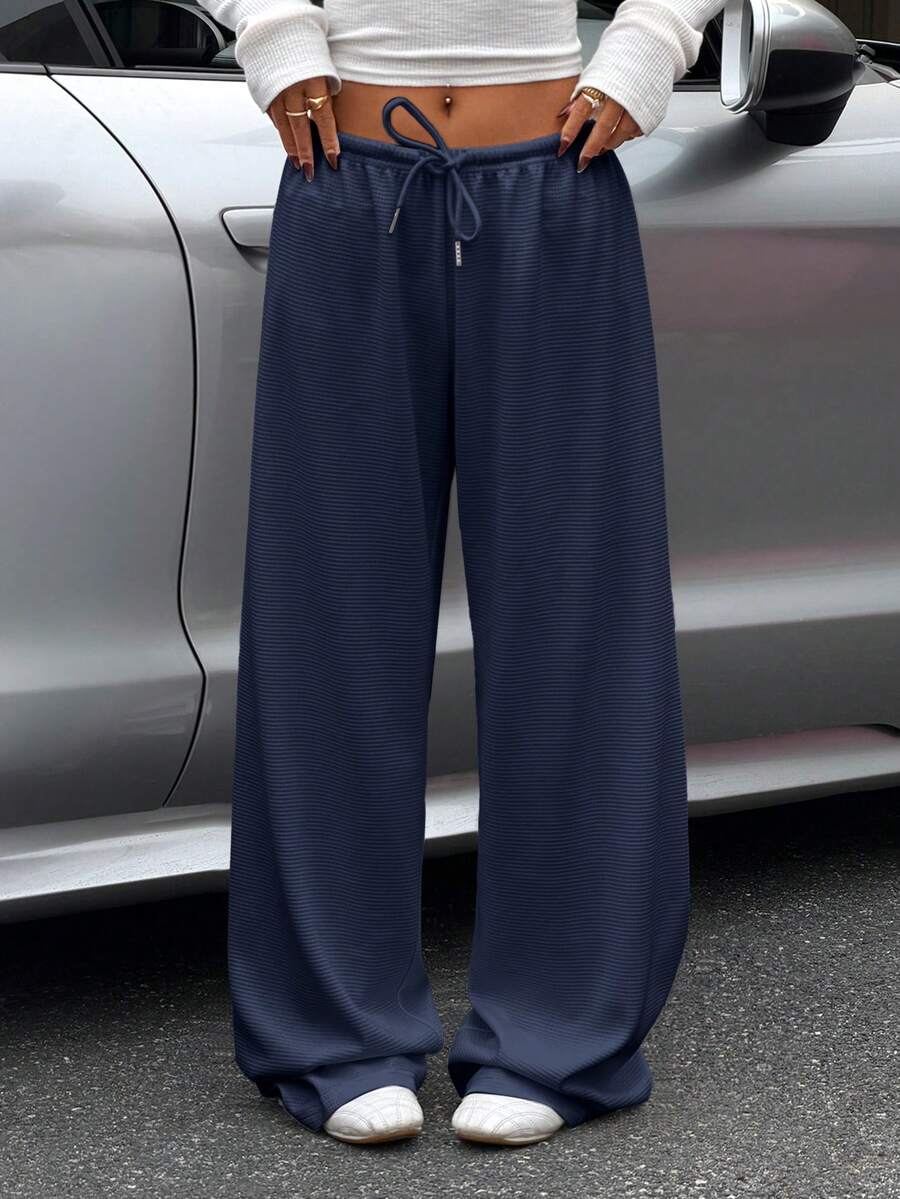 Muchica Navy Blue Knit Wide Leg Sweatpants For Women - Navy Blue - View 1