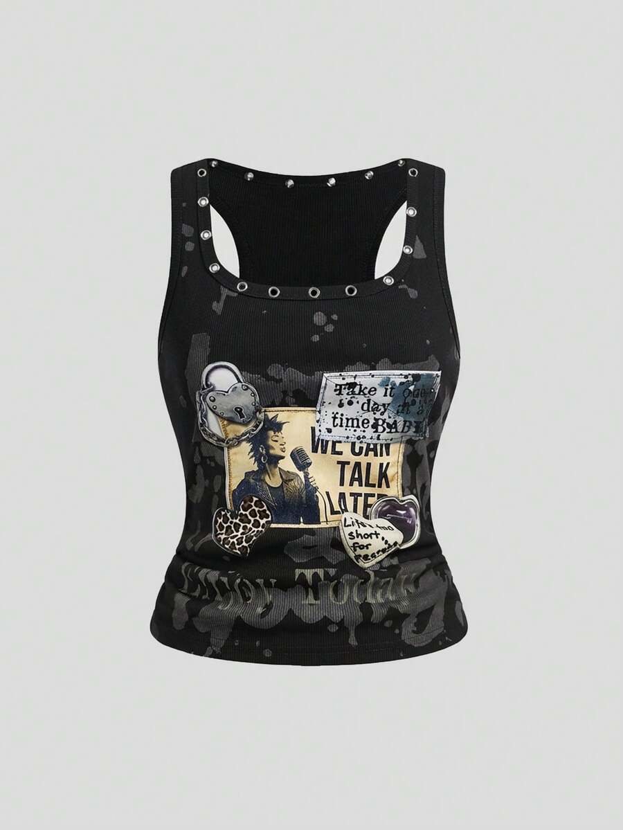 ROMWE Grunge Punk Grunge风格做旧复古朋克金属铆钉刺绣紧身女式背心 - 黑色 - 查看 1