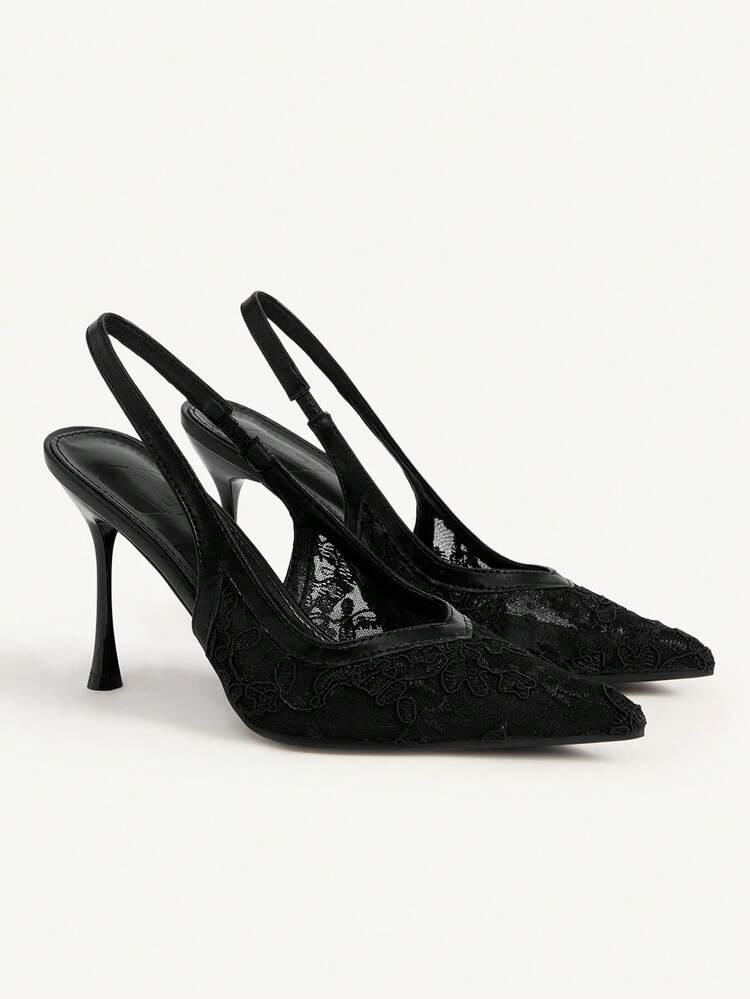 CUCCOO CHICEST Women Shoes New Pointed Stiletto Black Lace Mesh Back Strap Women's High Heel Shoes Fashion Simple Sexy Elegant Slingback Shoes After Party Women's Shoes